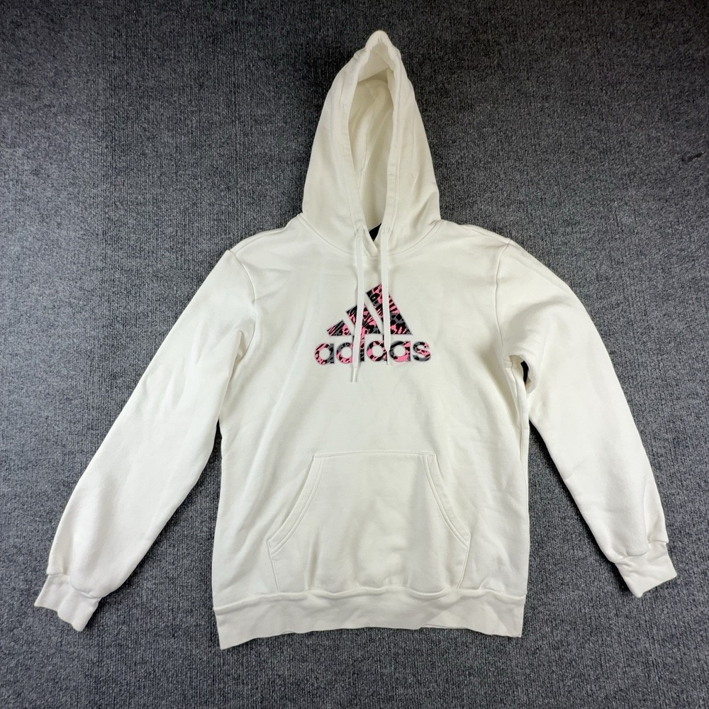 Adidas Hoodie Womens Large White Fleece Pullover Sweatshirt Pink Animal Logo